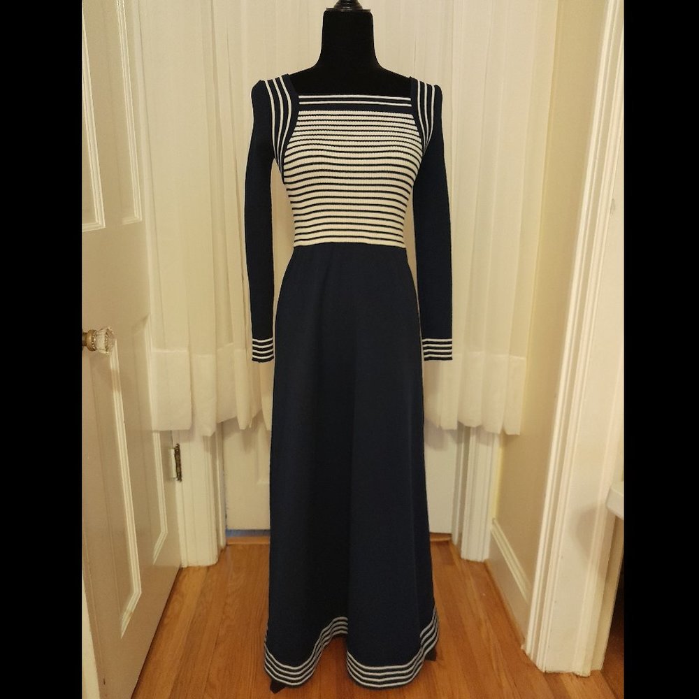 Giamo Vintage Navy Blue Gown with Striped Bodice